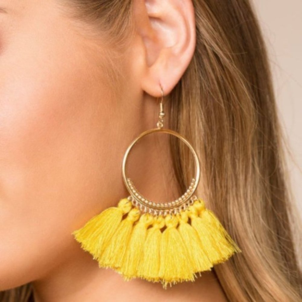 Boho Yellow Circle Tassel Fringe HoopDangleEarring